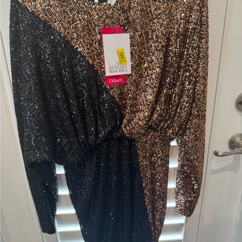 Badgley Mischka Black and Gold Sequin Dress